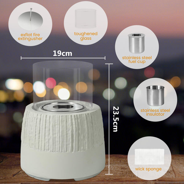 VOSSMOON Tabletop Fire Pit, Bioethanol Table Top Fire Bowl, Portable Round Fireplace indoor or Outdoor, Concrete Table Top Patio Heater Ethanol Burner with Tempered Glass for Potluck or Camping, Black
