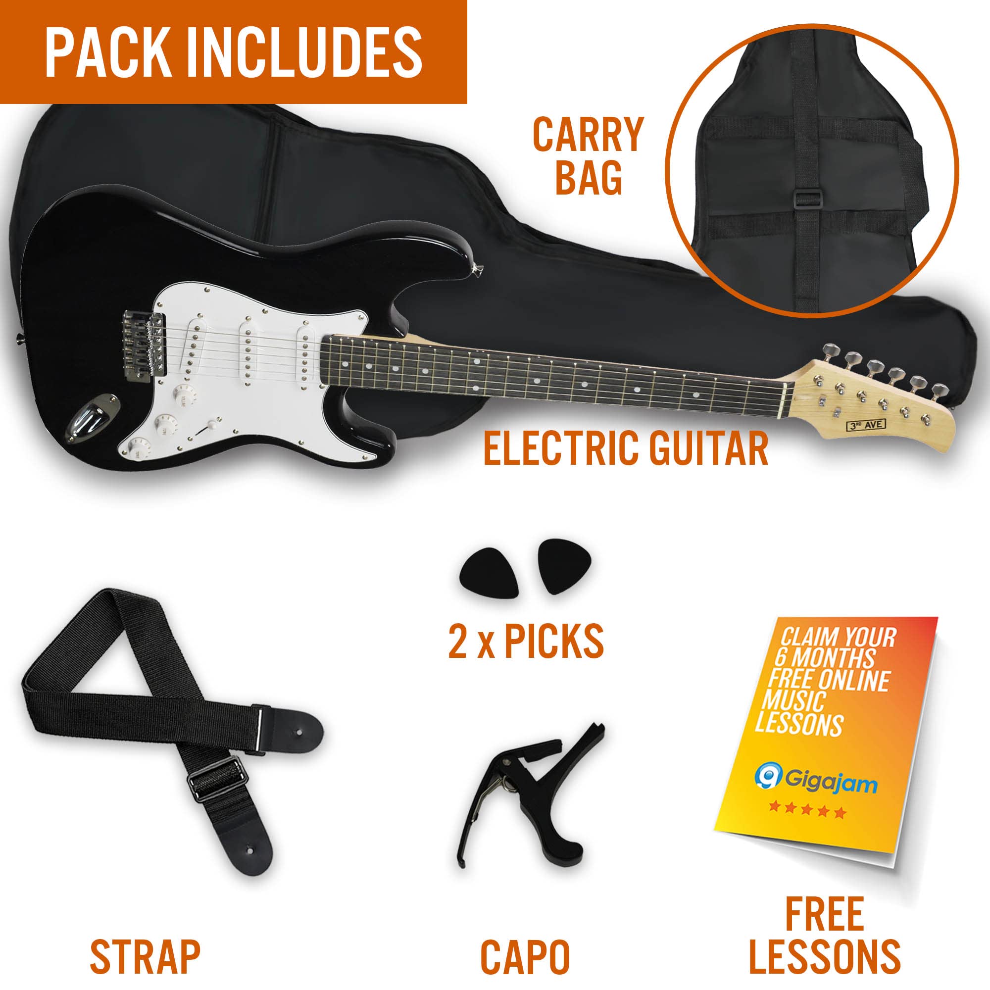 3rd Avenue XF Full Size 4/4 Electric Guitar Ultimate Kit with 10W Amp, Cable, Stand, Gig Bag, Strap, Spare Strings, Picks, Capo – Black