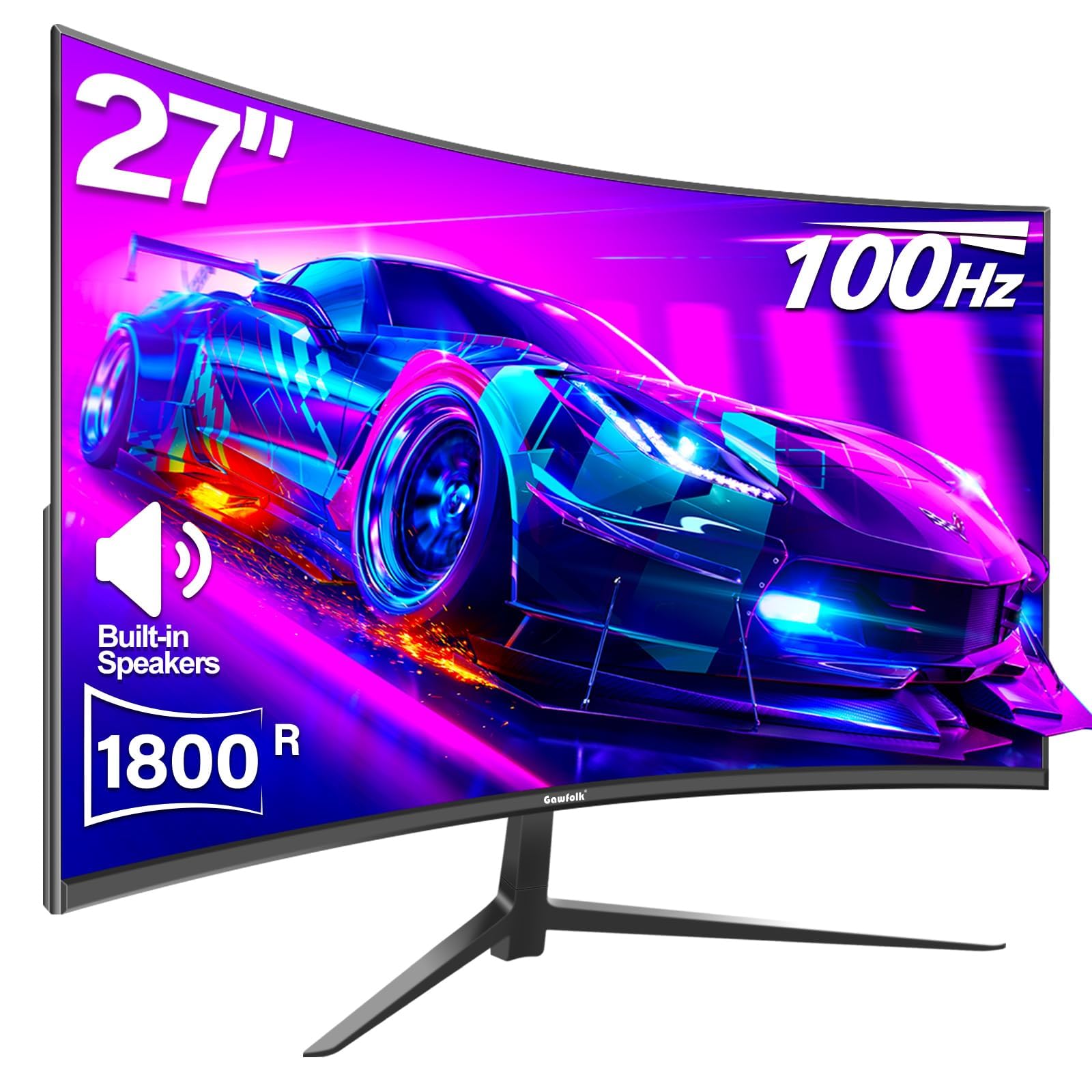 Curved Monitor 27 Inch 100Hz, PC Gaming Monitor with Speakers, AMD FreeSync Full HD 1080p Ultra-Thin Zero Frame Display for Home Office Business