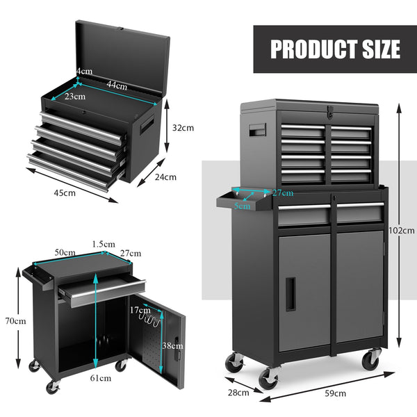 COSTWAY Large Rolling Tool Cabinet, 2-in-1 Detachable Metal Tool Chest with Drawers, Wheel, Handle, Hooks & Pegboard, Lockable Tool Box Trolley for Garage Workshop (with Middle Compartment, Black)