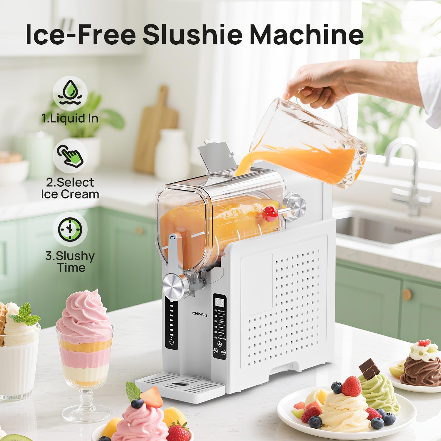 CHIVALZ Slush Machine, Frozen Drink Machine, No Ice Needed, 12H Pre-Scheduling, LED Display, Self-Cleaning, Makes Slushies, Milkshakes, Frappés & Cocktail, AD03, Black, 6 Preset Programs +1 Pack