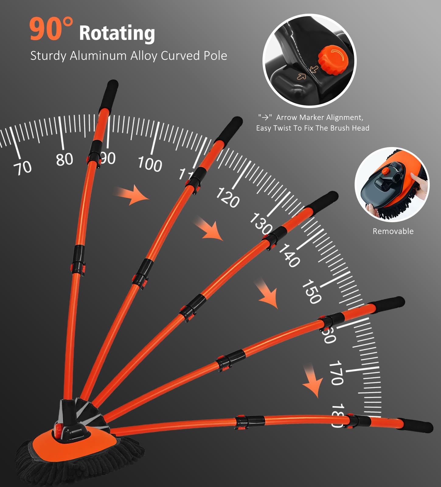 YeewayVeh Car Wash Brush, 43" Extendable Car Wash Brush Mop with Long Handle, 15 Degree Curved Soft Car Cleaning Brush kit with Extra Microfiber Brush Head for Truck SUV Cleaning, Orange