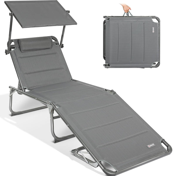 Homecall 30039 XXL Aluminium Sun Lounger with Sun Roof Three-Legged Beach bed 200x70 cm Maximum Load 150 kg, Grey textilene, Quick Dry Foam