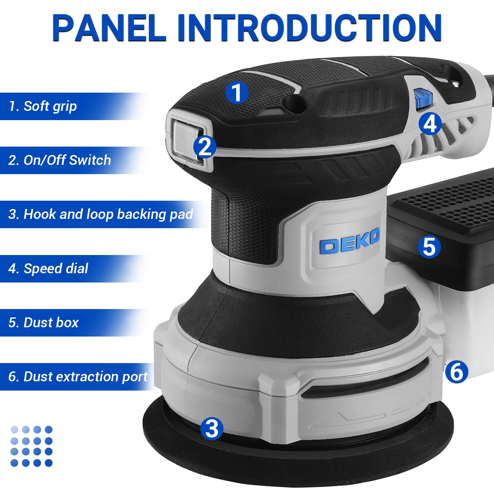 DEKOPRO Random Orbit Sander 300W with 16Pcs Sandpapers, 6 Variable Speed 14000RPM, 125MM Hand Electric Tool, High Performance Dust Collection System, Fit for Woodworking/Sanding