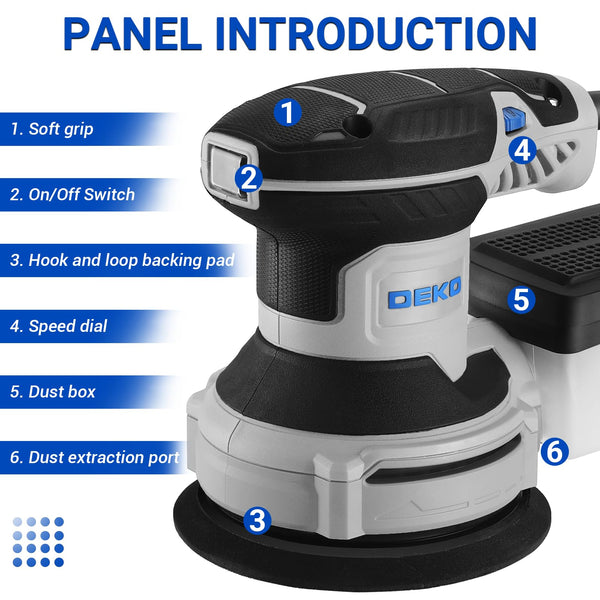 DEKOPRO Random Orbit Sander 300W with 16Pcs Sandpapers, 6 Variable Speed 14000RPM, 125MM Hand Electric Tool, High Performance Dust Collection System, Fit for Woodworking/Sanding