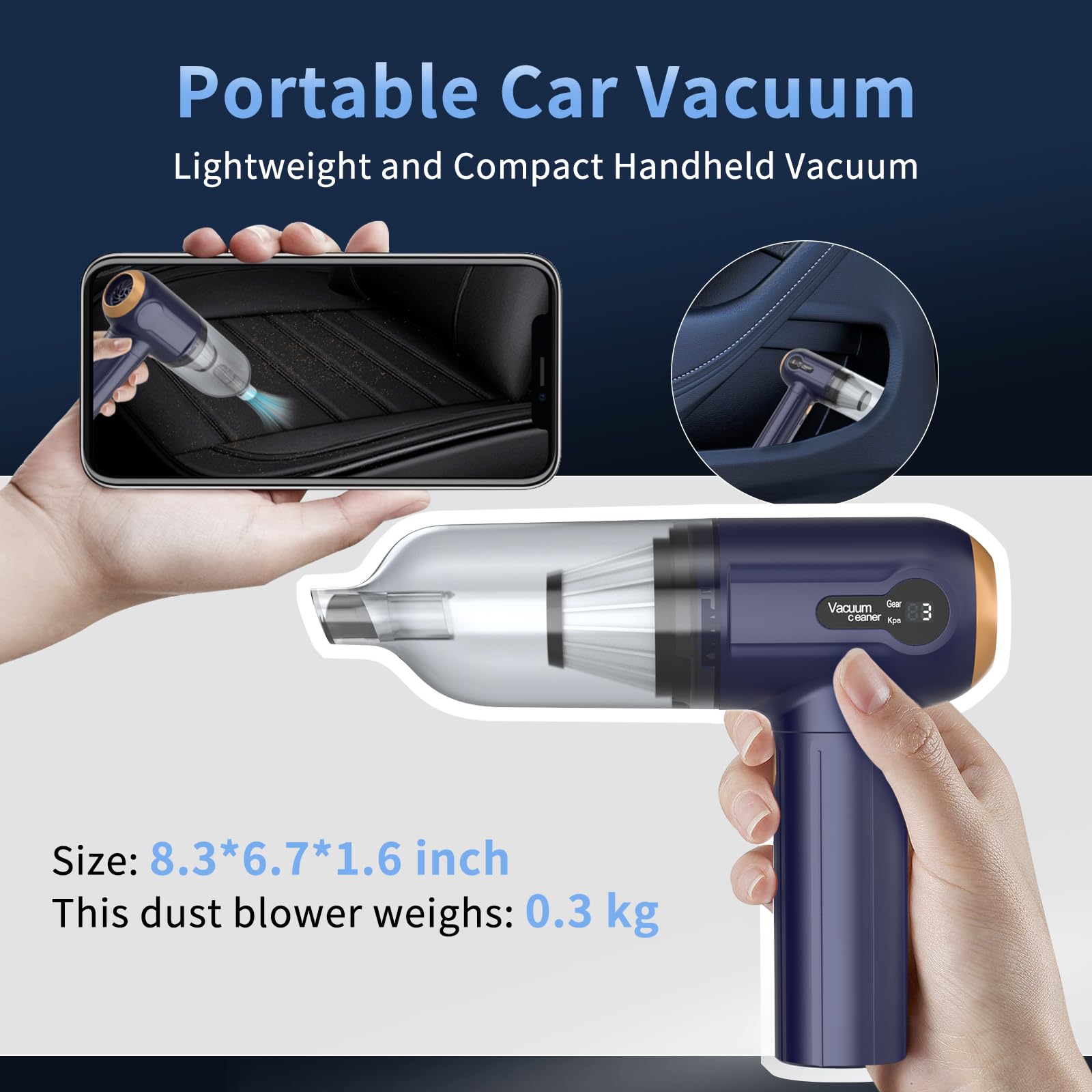 Handheld Car Vacuum Cleaner, 15000Pa Powerful Vacuum Cleaner Cordless, 3 in 1 Lightweight Vacuum & Blower Dust Buster, LED Display, USB Rechargeable Mini Cleaner for Car, Home and Pet Hair Cleaning