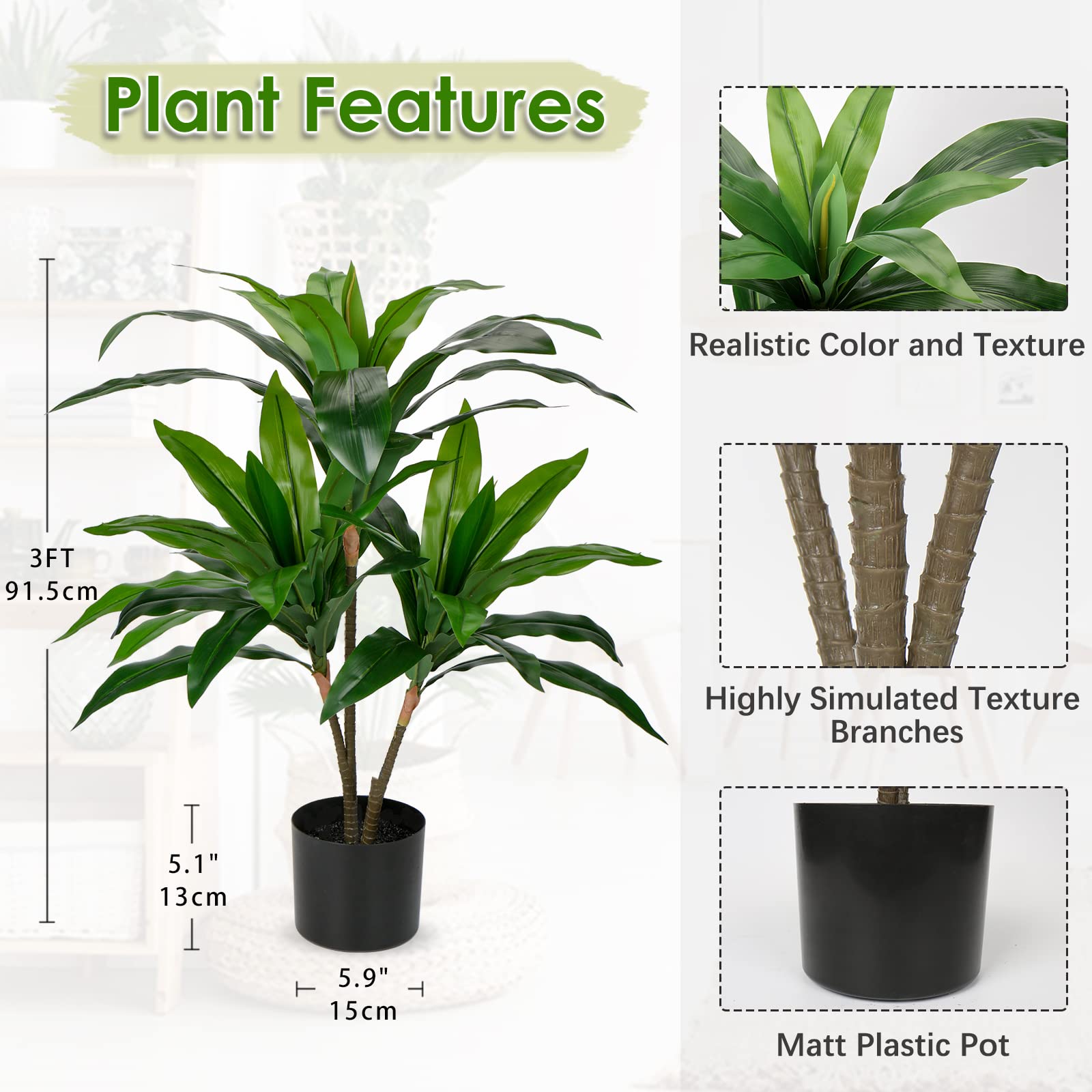 Hollyone 3FT Artificial Dracaena Fragrans Tall Artificial plants, Replica Faux Fake Plant with Durable Trunks and Lifelike Leaves, for Home Living