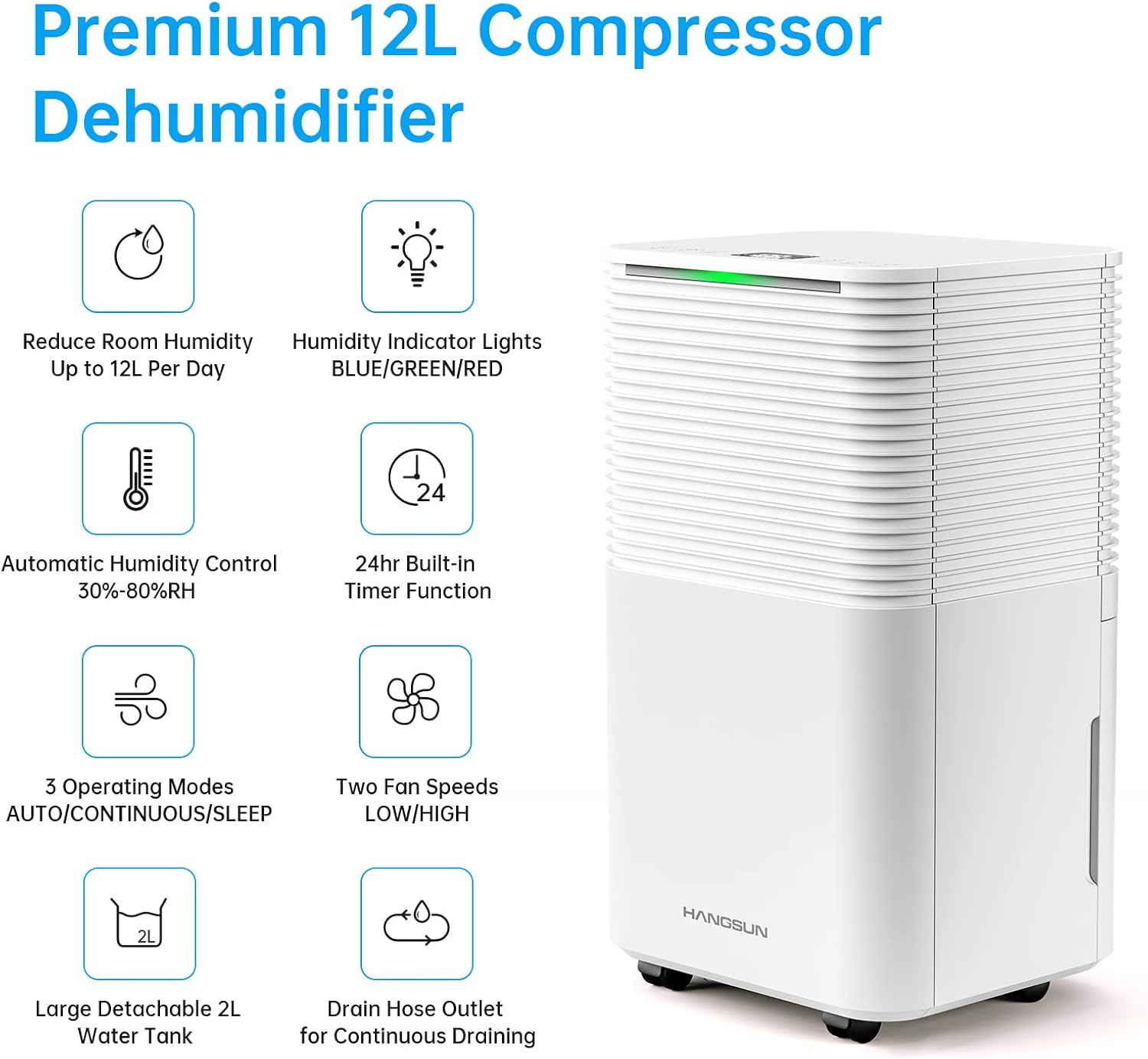 Hangsun 12L/Day Dehumidifier for Home Damp, Low Energy Dehumidifiers with Humidity Display, Laundry Drying, Continuous Drainage, 24H Timer Ideal for Large Room, Basement, Bedroom, Bathroom