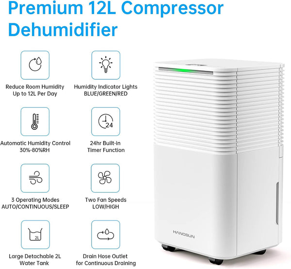 Hangsun 12L/Day Dehumidifier for Home Damp, Low Energy Dehumidifiers with Humidity Display, Laundry Drying, Continuous Drainage, 24H Timer Ideal for Large Room, Basement, Bedroom, Bathroom