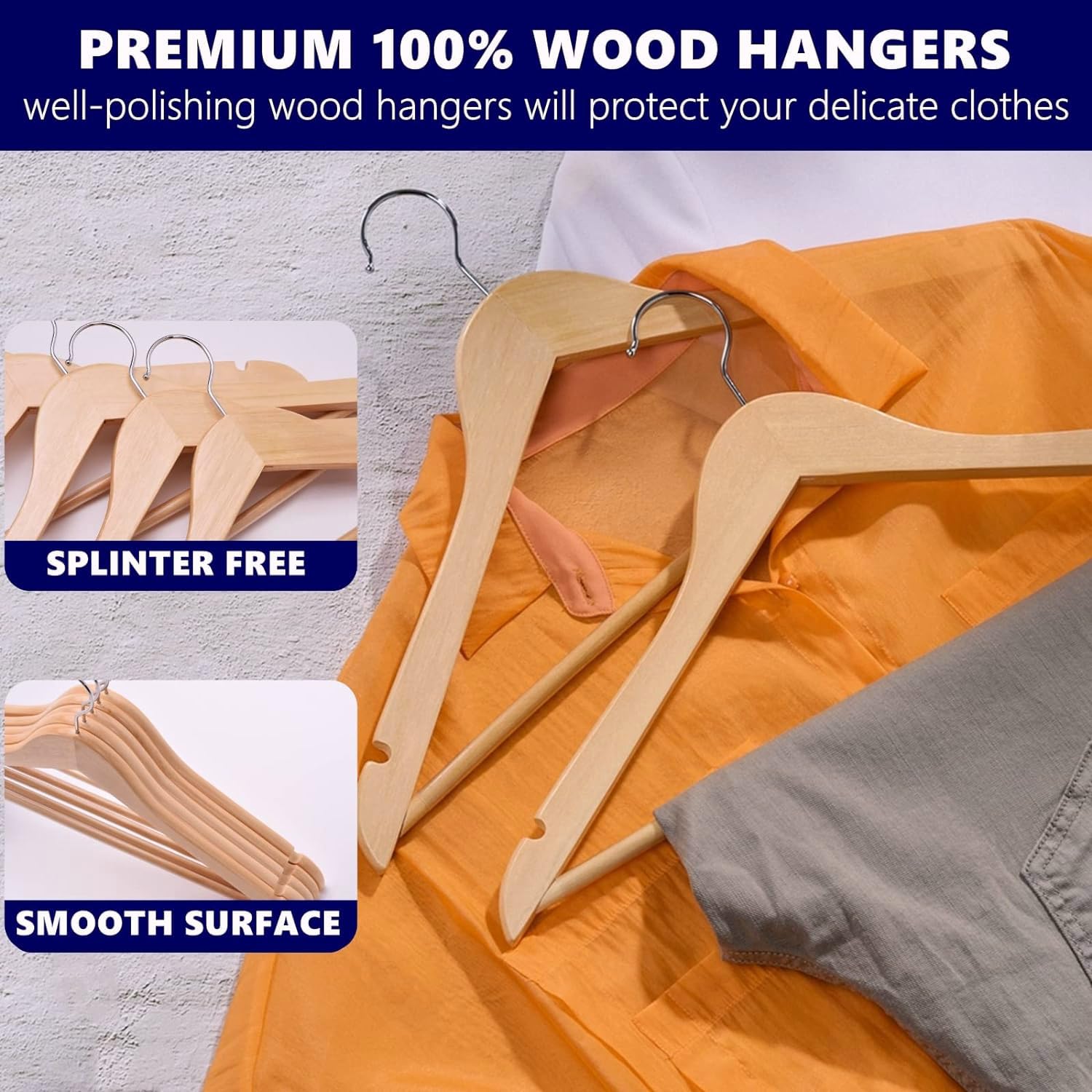 Amber Home 44.5cm Natural Wooden Coat Hanger 30pcs, Space Saving Wood Clothes Hanger with Non Slip Pants Bar and Shoulder Notches, Suit Hangers Racks