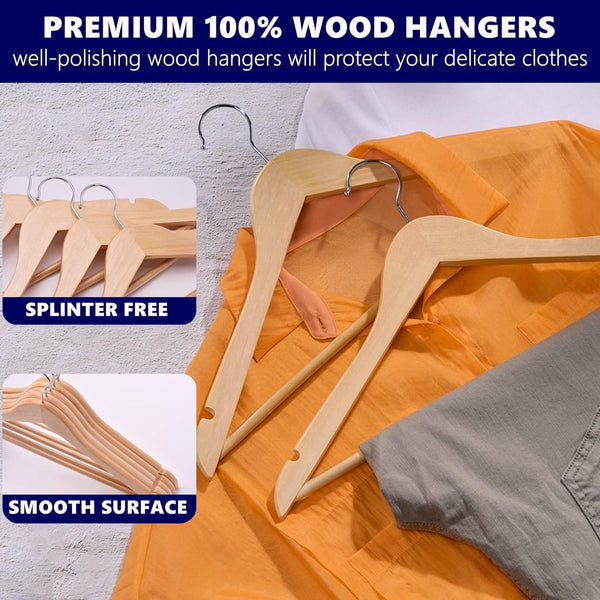 Amber Home 44.5cm Natural Wooden Coat Hanger 30pcs, Space Saving Wood Clothes Hanger with Non Slip Pants Bar and Shoulder Notches, Suit Hangers Racks