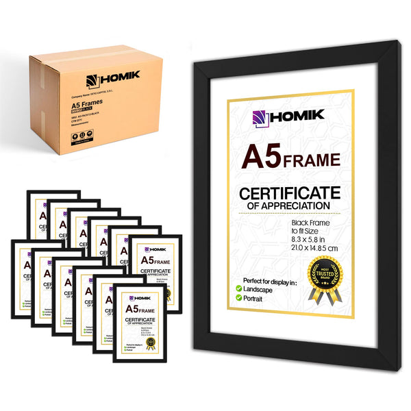 HOMIK A5 Black Photo Frame set of 12 - Picture Frame A5 Black Economy Pack of 12