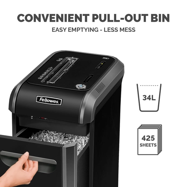 Fellowes 18 Sheet Paper Shredder for Office Use - 100% Jam Proof Cross Cut Shredder - 99Ci Shreds for 30 Minutes - Powershred Office Shredder with Large 34 Litre Pull-Out Bin - DIN Level P4 - Black