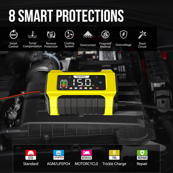 15A Car Battery Charger, 12V 15A/24V 8A Smart Fully Automatic Battery Charger with Temperature Compensation for Car Truck Motorcycle Marine Lead Acid Batteries and LiFePO4 Batteries