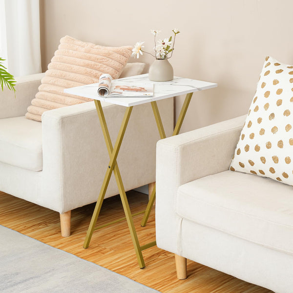 HOOBRO Folding Tables 2 Set, TV Tables for Eating Foldable, TV Tray Table, Small Sofa Laptop Dinner Table for Small Space, Metal Frame, Marble and