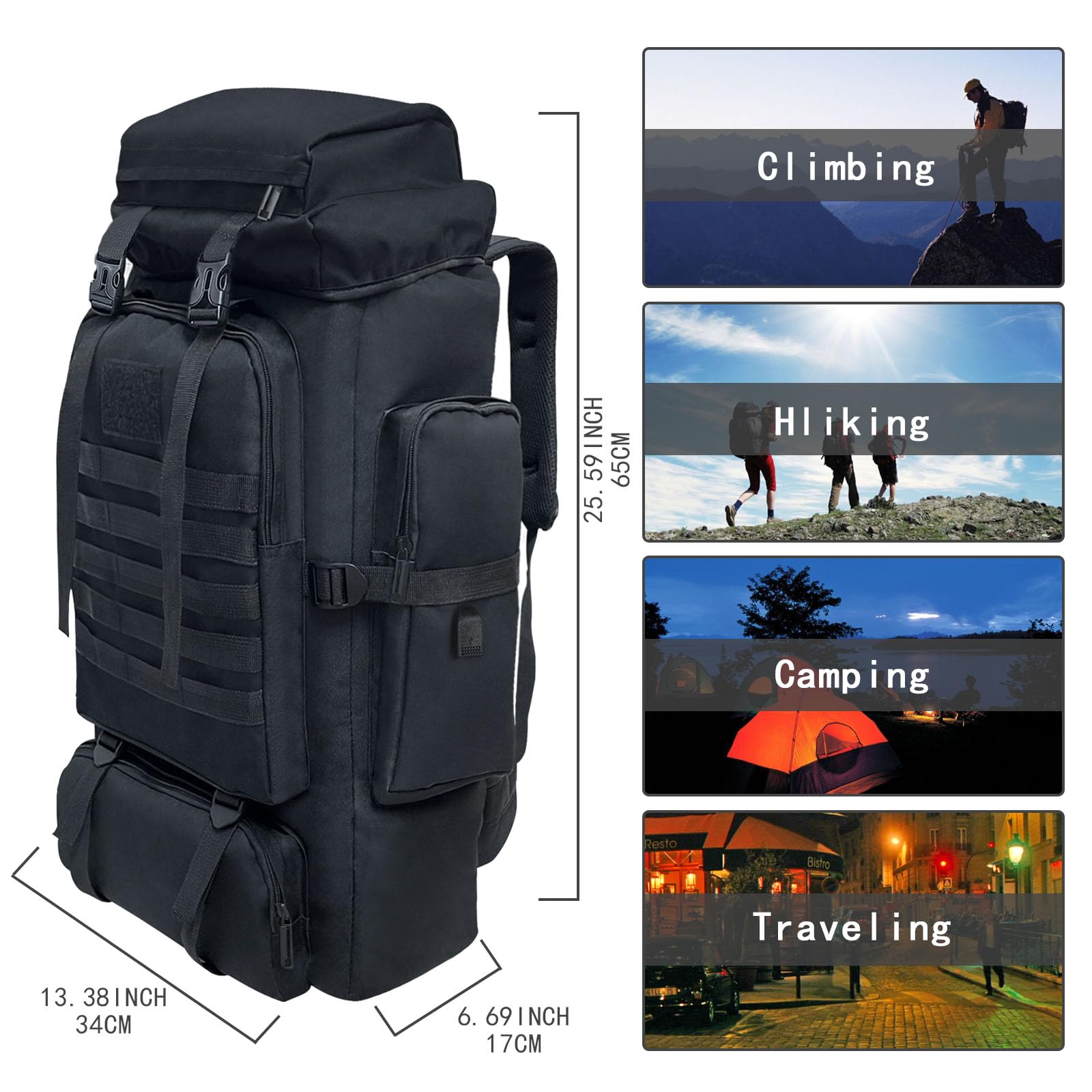 Ogetok 80L Hiking Backpack Camping Rucksack, 80 liters Large Capacity Outdoor Knapsack Travel Climbing Mountaineering Carry On Backpack Bag, Trekking Backpacking for Men Women, Black