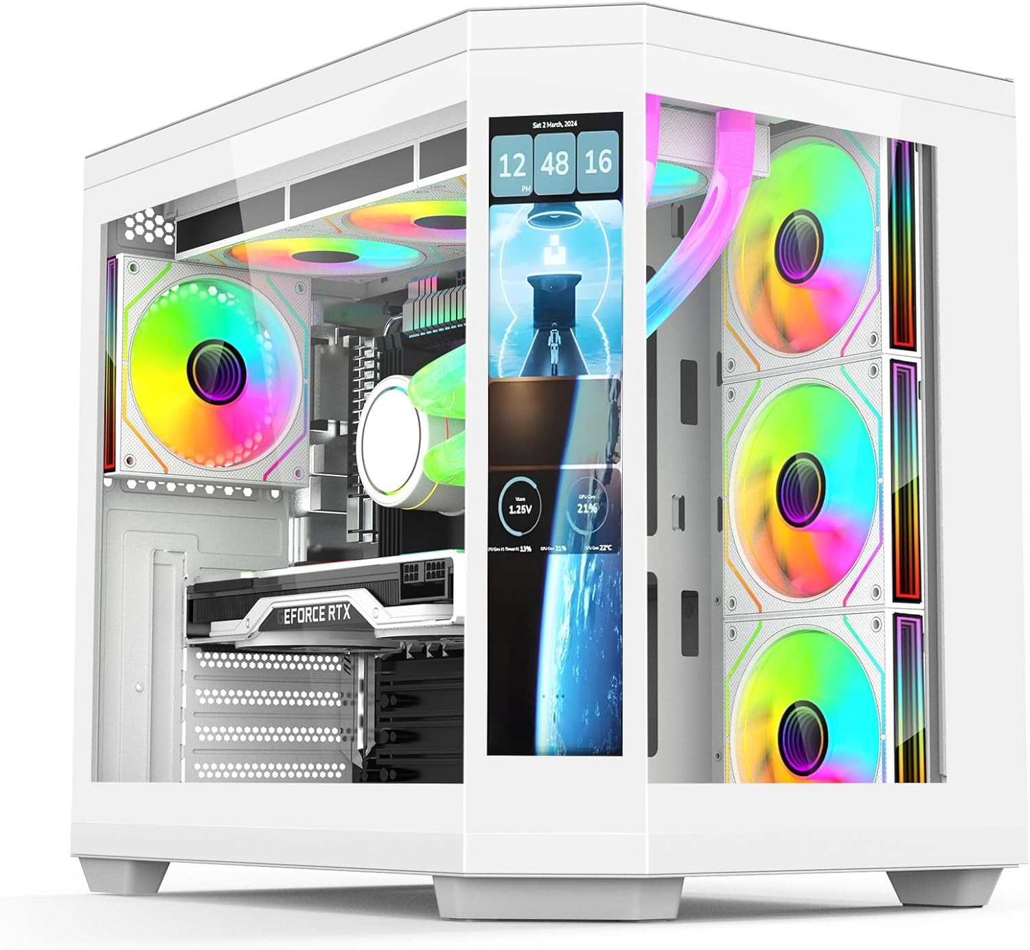 IONZ APEX Vision - PC Gaming Case, M/ATX Mini Tower, Dual Chamber with 6 ARGB PWM Fans - LCD Screen | Supports 240 mm AIO, White