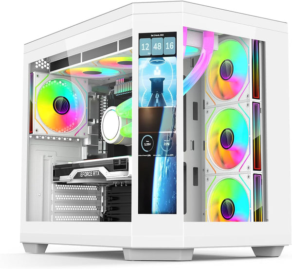 IONZ APEX Vision - PC Gaming Case, M/ATX Mini Tower, Dual Chamber with 6 ARGB PWM Fans - LCD Screen | Supports 240 mm AIO, White