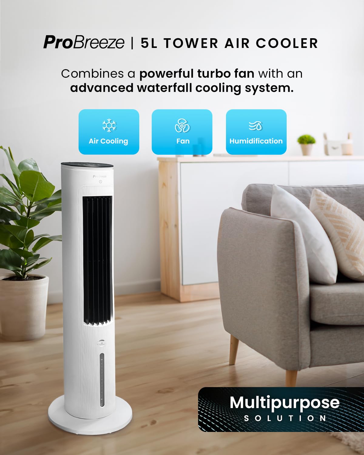 Pro Breeze 4-in-1 Air Cooler with 10 Litre Capacity, Remote Control, 3 Fan Speeds & LED Display. Powerful Evaporative Air Cooler with Built-in 7.5 Hour Timer & Automatic Oscillation for Home & Office
