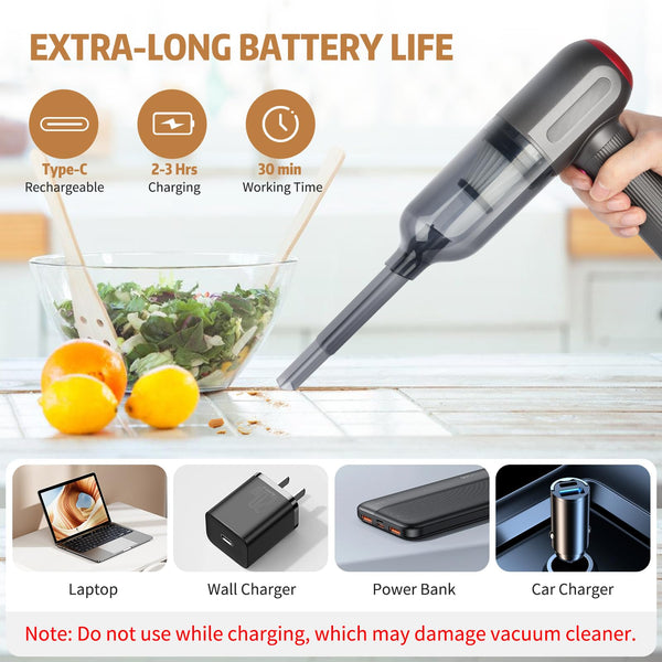 Handheld Vacuum Cordless, 9000Pa Powerful Car Vacuum Cleaner, Rechargeable Portable Lightweight Mini Vacuum Cleaner, USB Car Vacuum Cleaner Car Cleaner for Pet Hair, Car, Home, Office, Kitchen