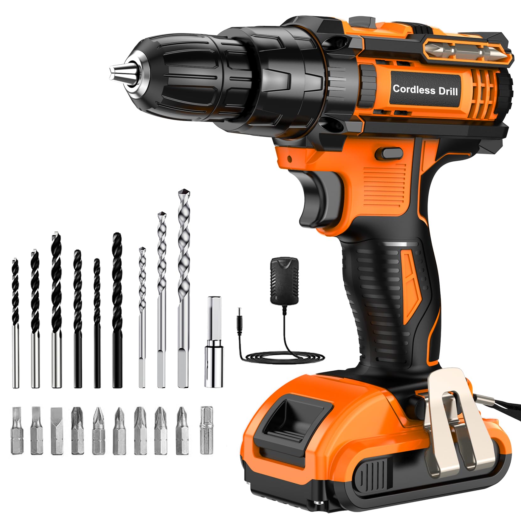JYGMPRO Cordless Drill Driver 21V, Cordless Hammer Drill with 2 Batteries 2000mAh, 25+3 Torque, 42N.m Max, 14PCS Drill Bits, 2 Speed, LED Light for Home and Garden DIY Project, Grey