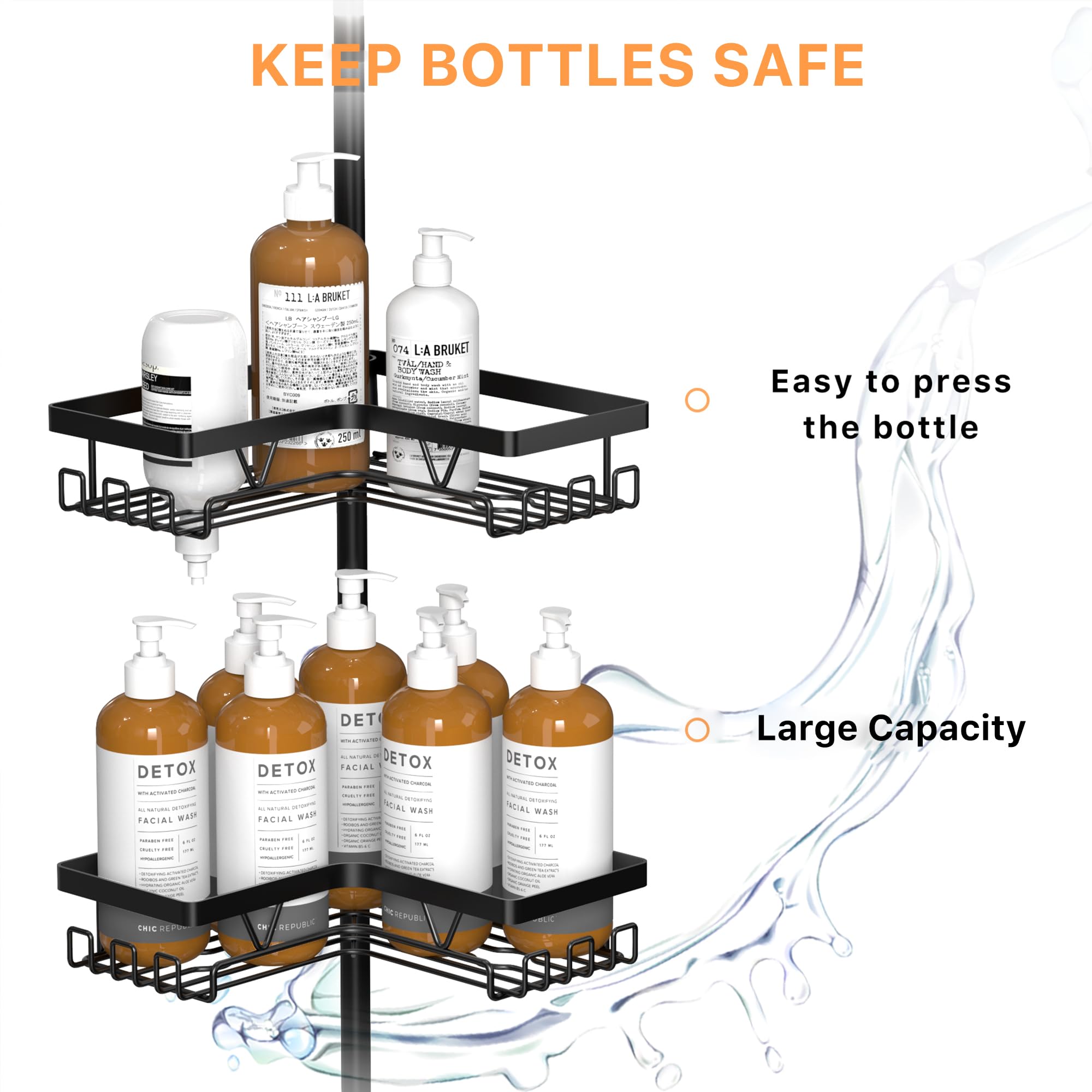 Kegii Telescopic Shower Caddy Corner - Stainless Steel Shower Shelf No Drilling Bathroom Caddy with Soap Holder and Hooks(White), On The Bath or Stand Up Shower