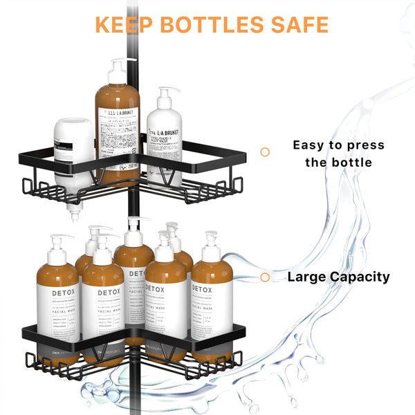 Kegii Telescopic Shower Caddy Corner - Stainless Steel Shower Shelf No Drilling Bathroom Caddy with Soap Holder and Hooks(White), On The Bath or Stand Up Shower