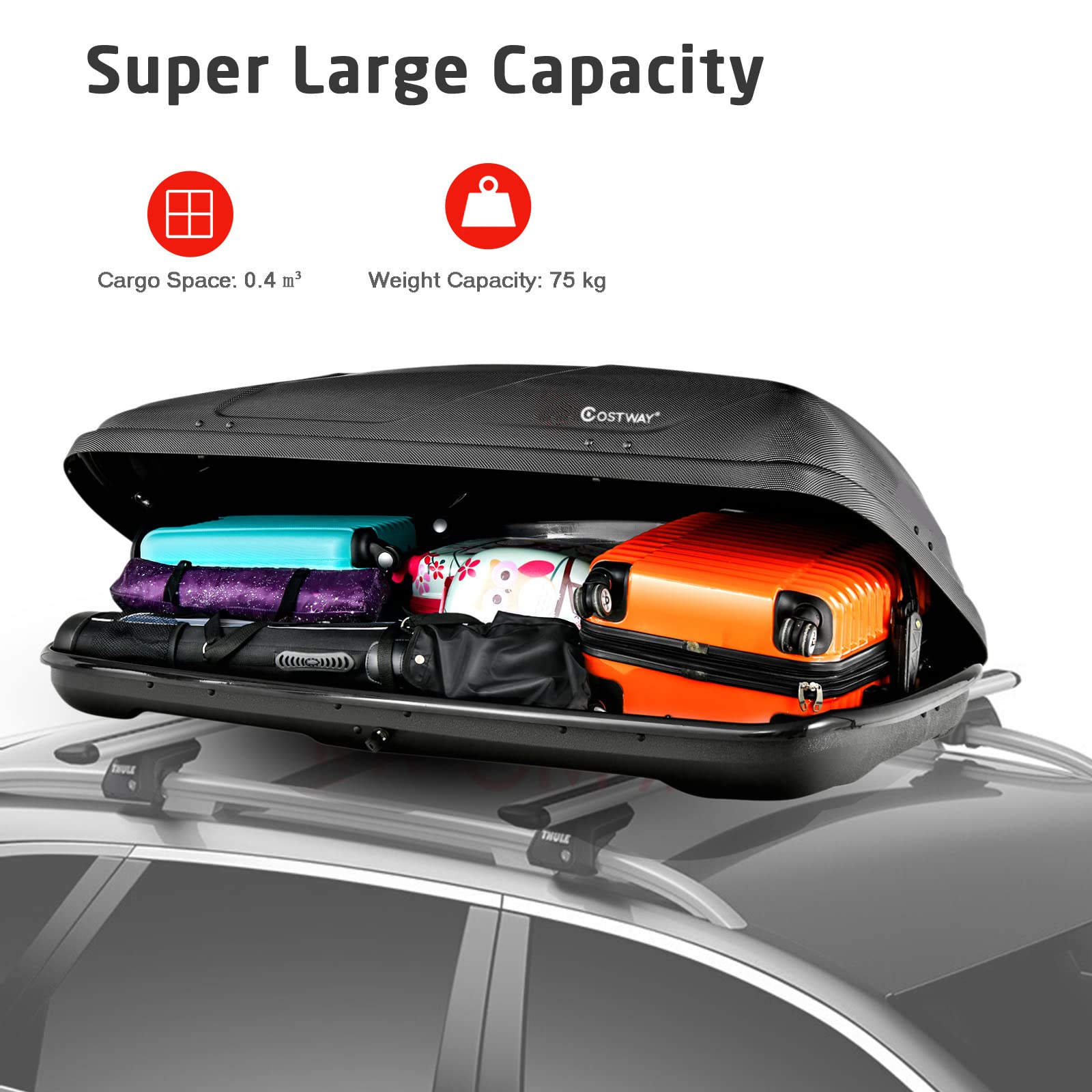 COSTWAY Car Roof Box, 400L Capacity Hard Roof Cargo Carrier with Security Keys & Dual Side Opening, Waterproof Rooftop Luggage Storage Box for Car, SUV, Van, Fits Most Cars (Black)