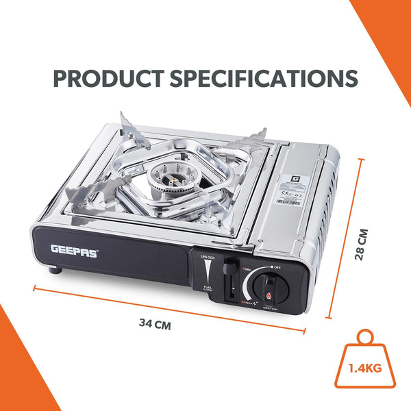 Geepas Gas Stove Single Burner – Portable Camping Stove BBQ Cooker with Carry Case, Outdoor Grill Plate – Automatic Ignition System, Enamel Pan Support, Butane Can or LPG Gas Source