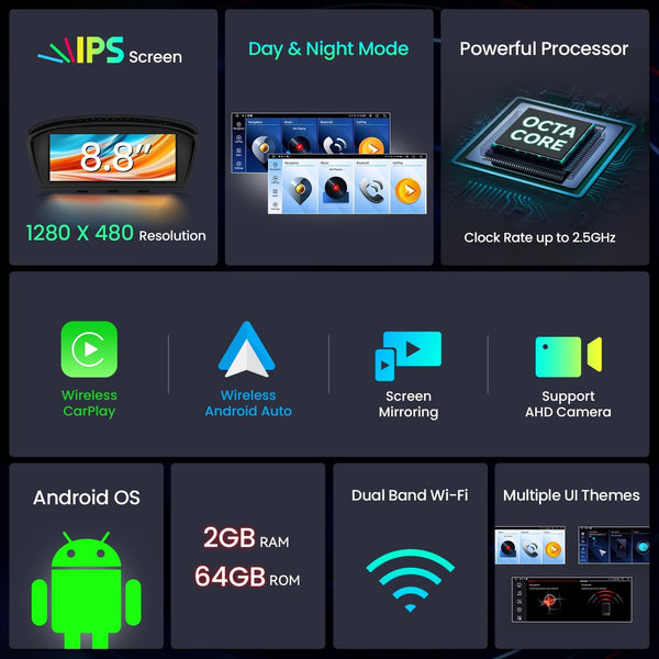 XTRONS 8.8" Car Stereo Android Octa-Core 4+64GB for BMW 3 Series E90 E91 5 Series E60 E61 (2005-2008) w CCC system Touch IPS Screen GPS navigation, w 4G LTE CarAutoPlay Android Auto Support AHD Camera