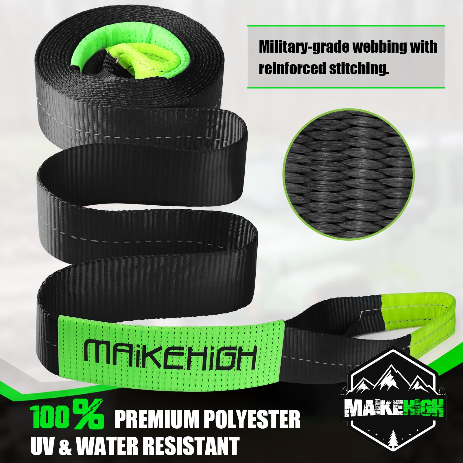 MAIKEHIGH Tow Rope 15 Ton (33,700 Lbs), 6M x 7.6cm Off-Road Recovery Towing Strap with 2 Gloves for Car, Truck, SUV, Emergency (Black)