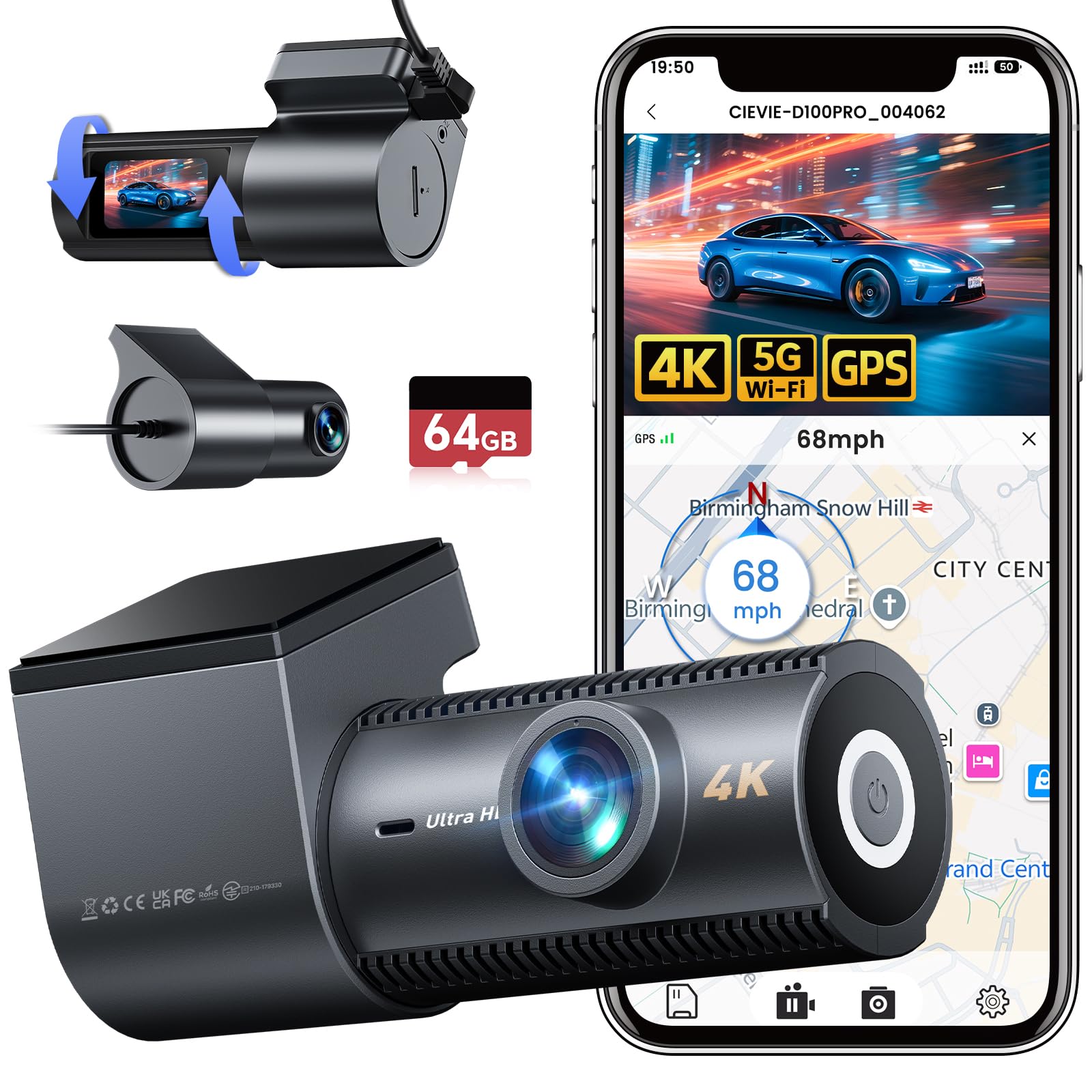 Dash Cam Front and Rear, 4K Dashcam with 64GB SD Card, 1.5'' IPS Display Dual Car Camera with 5GHz Wi-Fi, 24/7 Parking Mode, G-Sensor, Night Vision, 170° Wide Angle, Loop Recording, App Control
