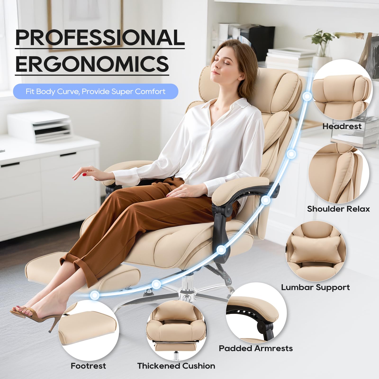 COLAMY Executive Office Chair with Footrest - Ergonomic High Back Design, Thick Bonded Leather Computer Chair with Removable Lumbar Pillow, Recliner Desk chair for Home Office Work Comfort (Black)