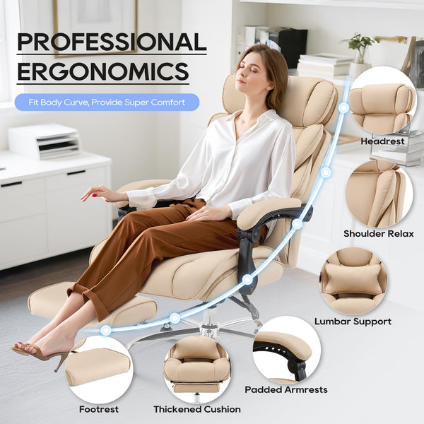 COLAMY Executive Office Chair with Footrest - Ergonomic High Back Design, Thick Bonded Leather Computer Chair with Removable Lumbar Pillow, Recliner Desk chair for Home Office Work Comfort (Black)