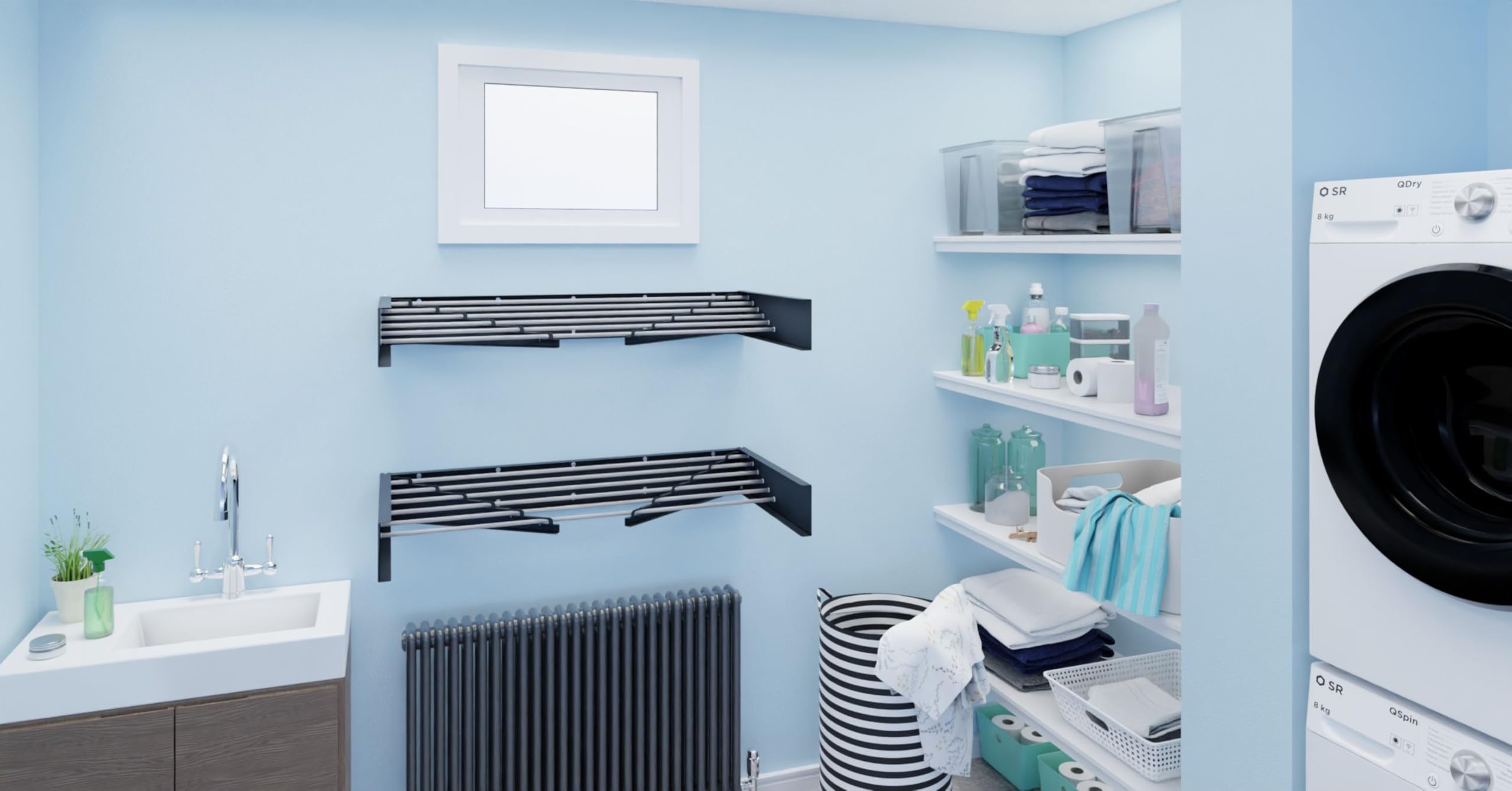 Hot Flow Glide Foldable Wall Mounted Clothes Rack, Retractable Clothes Drying Rack. Sleek Design With 5 x 70cm Rods For 3.5m Of Hanging Line. Perfect