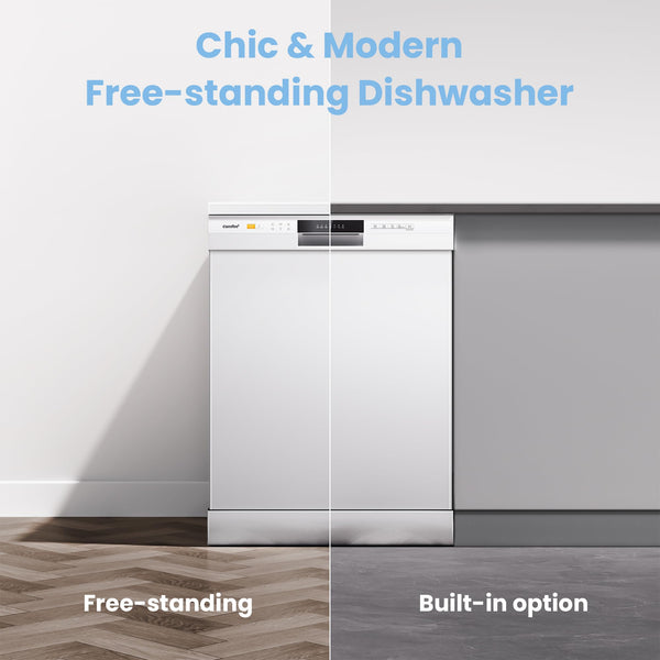 COMFEE' Freestanding Dishwasher CDWEF1034BW-UK 45cm Width, Slimline Dishwasher with 10 place settings, Quick Wash, Hygiene Wash, Delay Start, Half Load, Adjustable Basket - White