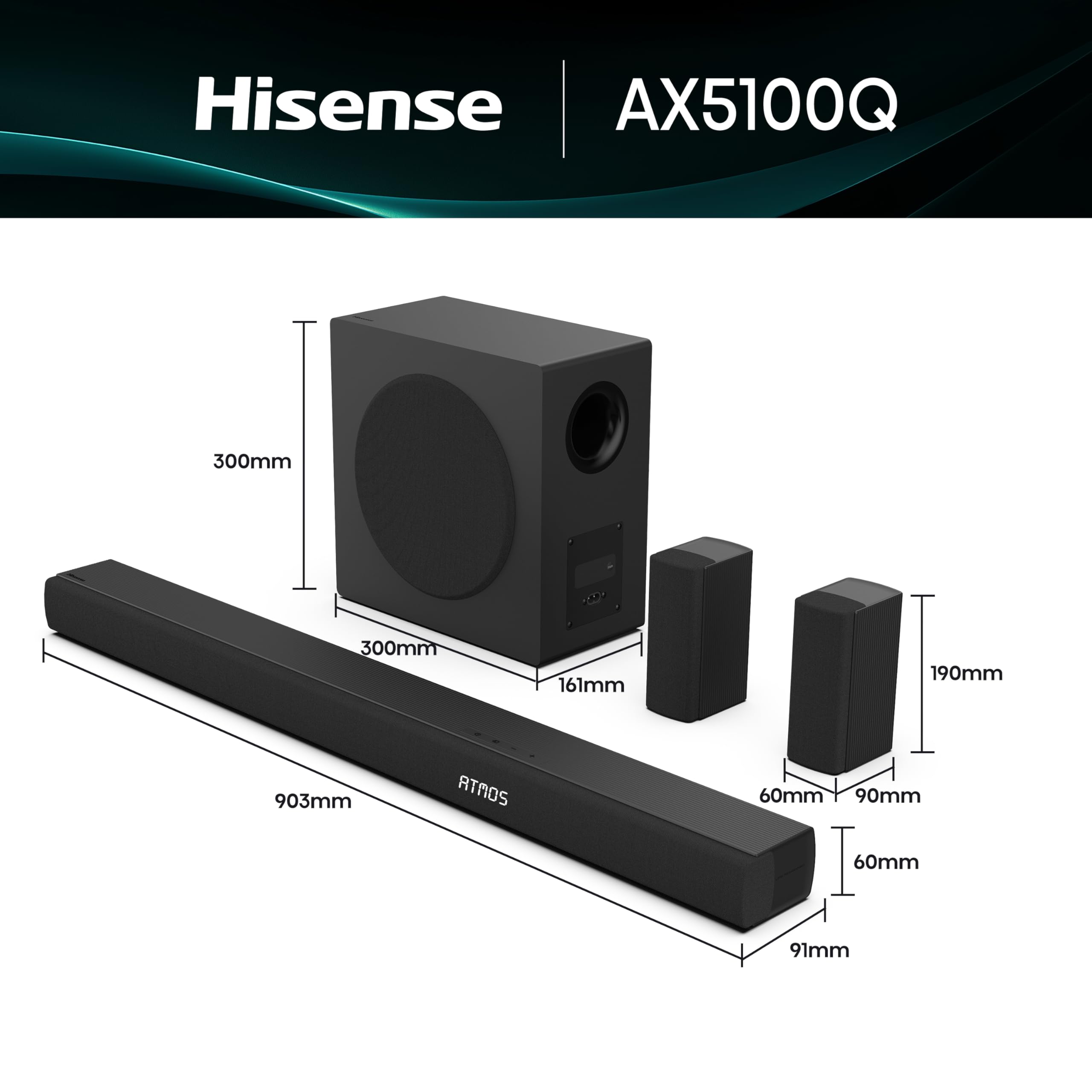 Hisense AX5125H 5.1.2 Channel 500W Dolby Atmos Soundbar with Wireless Subwoofer& Up Firing Speakers& Turly Wireless Rear Speakers