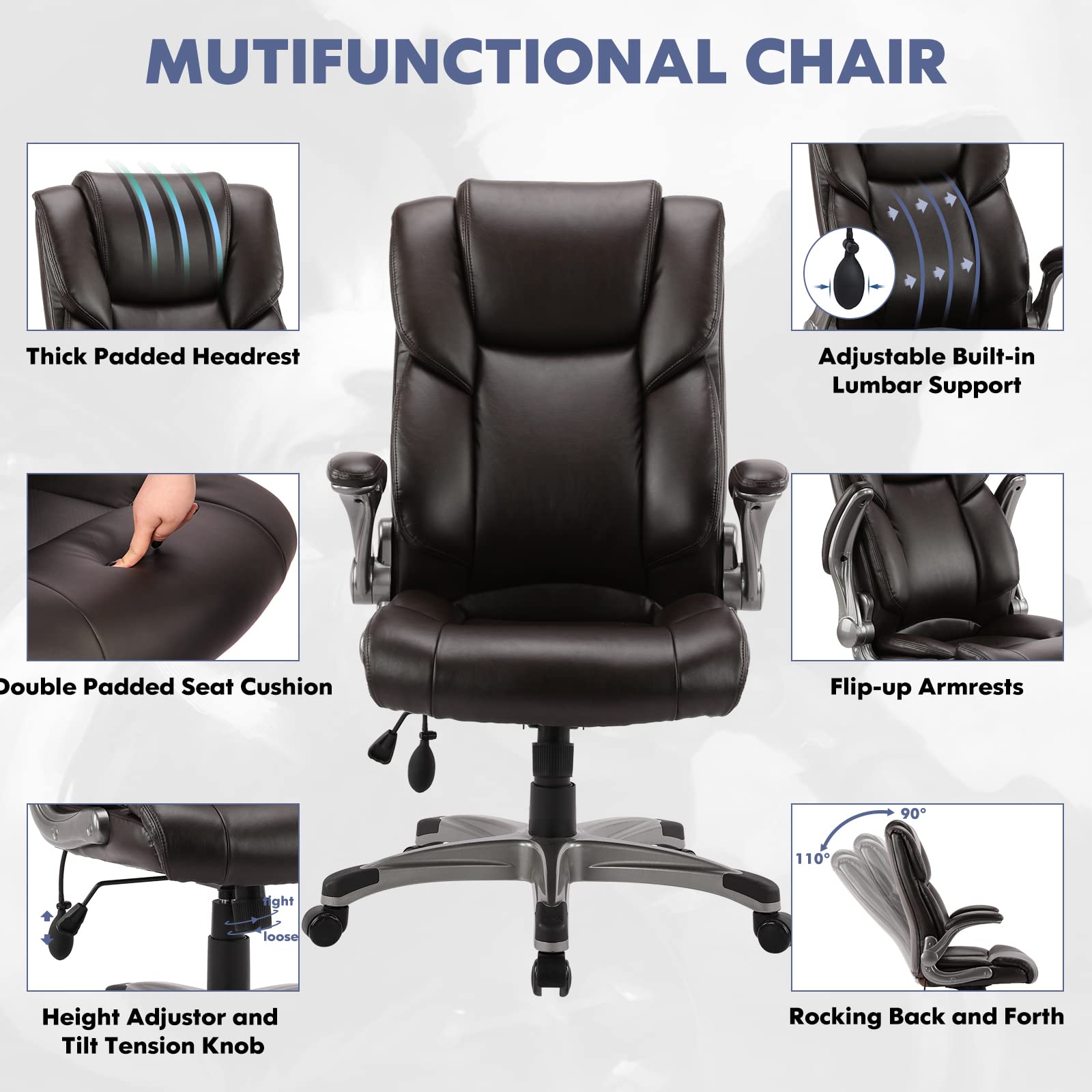 COLAMY Executive Office Chair with Footrest - Ergonomic High Back Design, Thick Bonded Leather Computer Chair with Removable Lumbar Pillow, Recliner Desk chair for Home Office Work Comfort (Black)