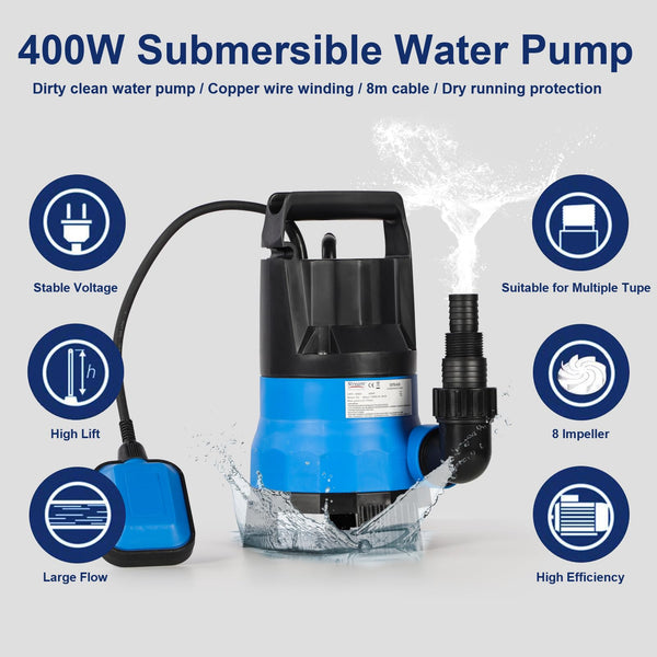 400W 7500L/H Submersible Water Pump with Hose, Water Pump to Empty Hot Tube with 10M Hose, Float Switch for Clean Dirty Water Garden Pond Pool Flooded Cellars