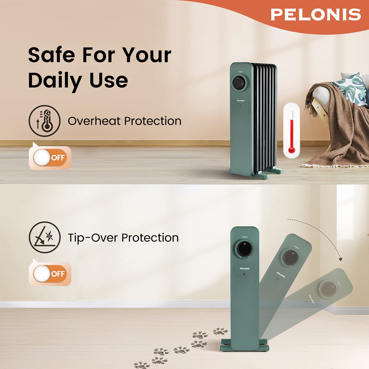 PELONIS Electric Radiator with Adjustable Thermostat and 3 Heat Settings, Oil Filled Heater with Overheat Protection (2500W, Knob Control)