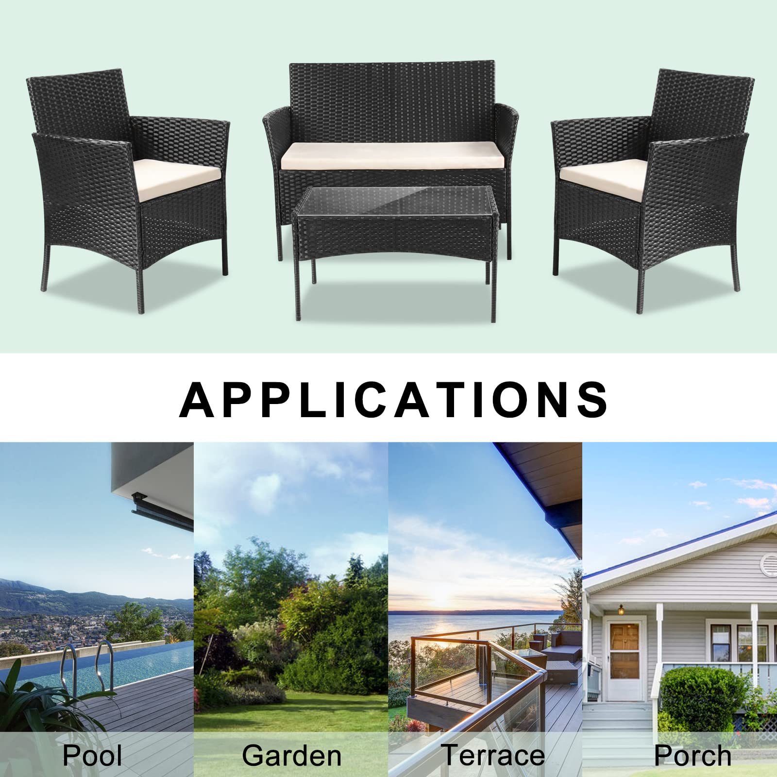 bigzzia Rattan Garden Furniture Set, 4 piece Patio Rattan furniture sofa Weaving Wicker includes 2 Armchairs,1 Double seat Sofa and 1 table (Black)