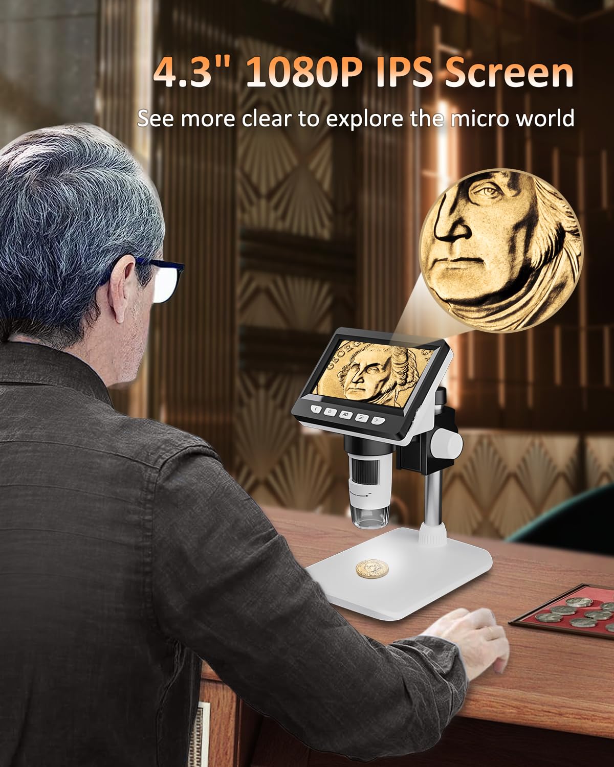 Coin Microscope-LCD Digital Microscope 500X, 1080P Coin Magnifier for Error Coins with 8 Adjustable LED Lights, PC View, Compatible with MacOS Windows-Black