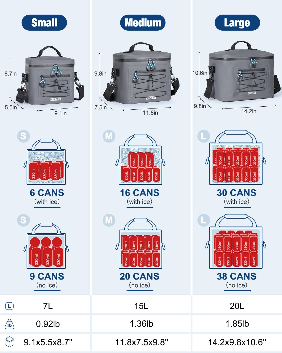 YULEEE 7/15/20L Insulated Cooler Bag - Large Multi-Functional Picnic Lunch Bag for Men & Women,Waterproof Leakproof Perfect for Beach, Family,Travel, Camping, Work,BBQ,and Outdoor Activities