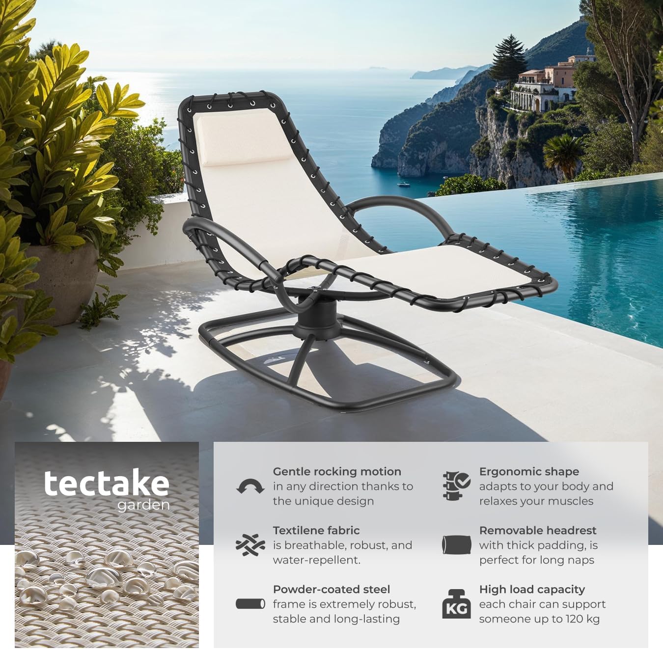 TecTake® Sun Lounger with Rocking Function, Ergonomic Garden Chair with Breathable Fabric, Thick Head Cushion, Curved Armrests & Sturdy Steel Frame, Outdoor Chair for Garden, Patio, Balcony - Grey