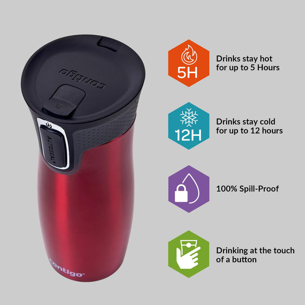 Contigo West Loop Autoseal Travel Mug, Stainless Steel Thermal Mug, Vacuum Flask, Leakproof Tumbler, Coffee Mug with BPA Easy-Clean Lid