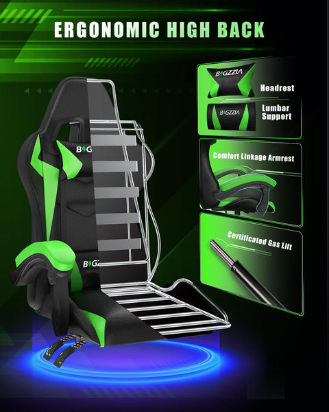 Racingreat Gaming Chair with Led Lights, Video Game Chair, Ergonomic RGB Gaming Chair for Adults, Height Adjustable Reclining Computer Chair with Headrest and Lumbar Support (With RGB, Black)