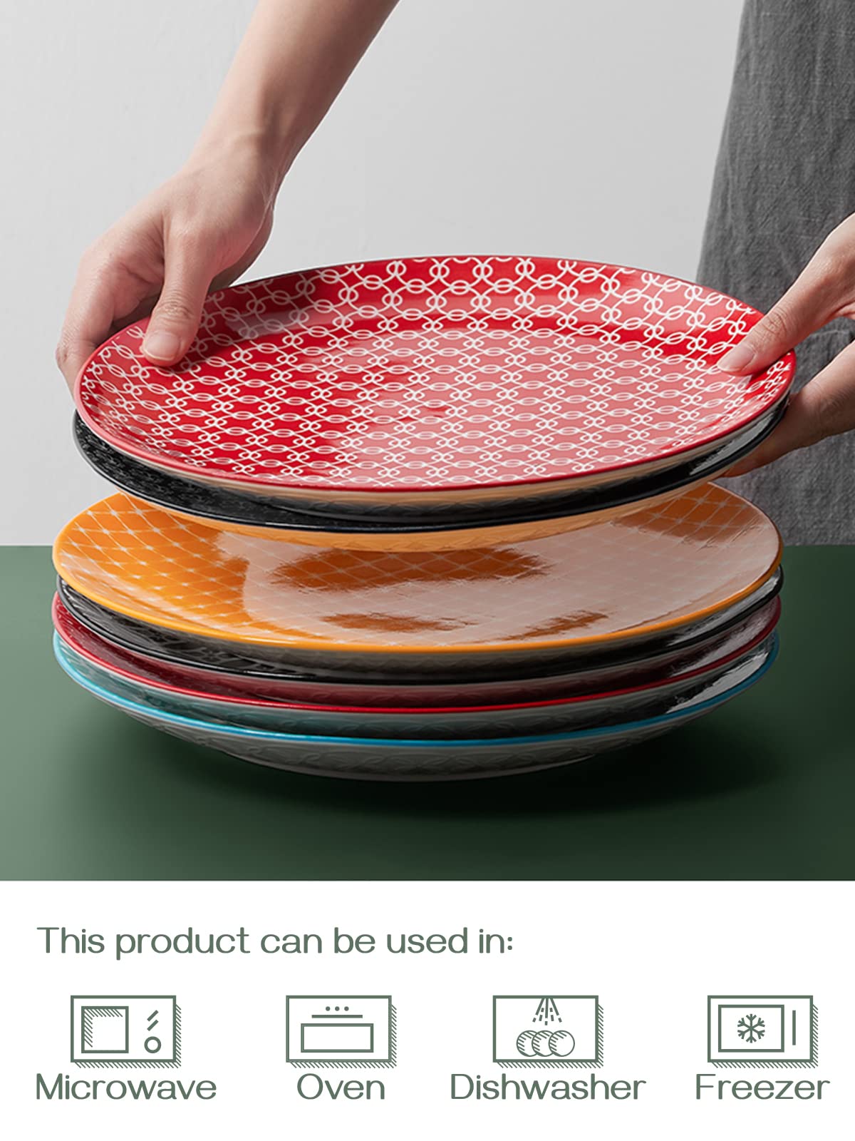 DOWAN 26.7cm Ceramic Dinner Plates, Vibrant Colours Pasta Salad Plate Set of 6, Dessert Plates for Picnic Party Christmas Housewarming Mothers Day,