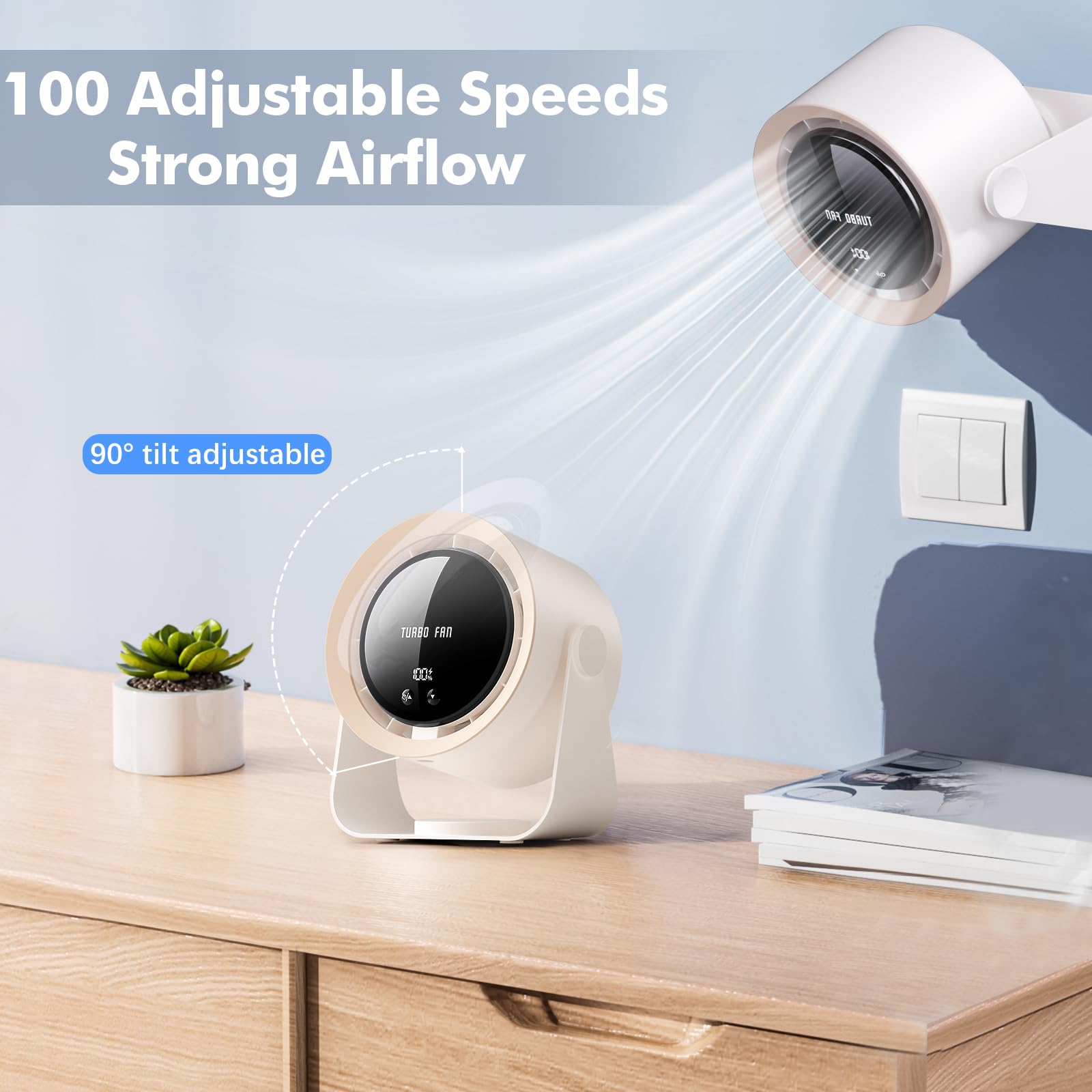 yokye Desk Fan, USB Desktop Fan with LED Display & Long Battery Life, 100 Speeds, 90° Adjustable Head Tilt, 3-in-1 Powerful Table Fan for Bedroom, Kitchen, Office, Home,Camping (Dark Gray)