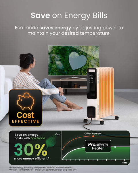 Pro Breeze Smart 2500W 11 Fin Oil Filled Radiator with Digital Display and WiFi Smart App, Thermostat, 24Hr Timer, 3 Heat Modes, Child Lock, Overheat & Tip-Over Protection Oil heater for Home - Black