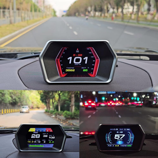 AMHVMU P17 HUD car heads up display,digital speedometer car mph,OBD2 plus GPS Dual System,Heads up Display Car,Water Temperature Gauge,Tachometer,Suitable for all Vehicle Models